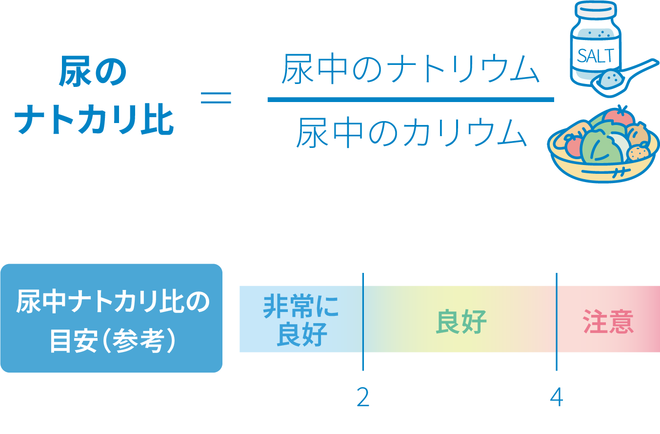 尿のナトカリ比 = 尿中のナトリウム ÷ 尿中のカリウム。尿中ナトカリ比の目安（参考）